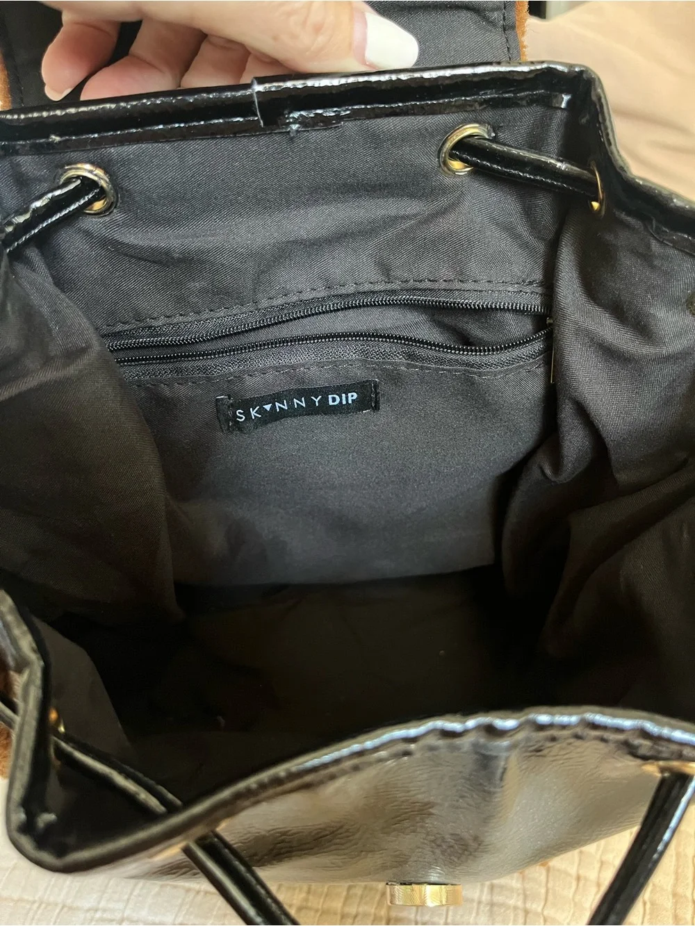 Black Patent Backpack with Brown Shearling Trim